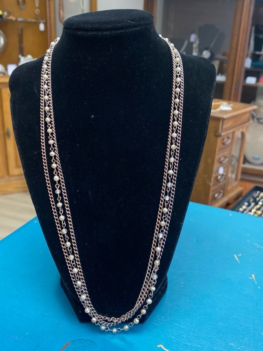 Long Layered Pearl and Rose Gold Chain Necklace